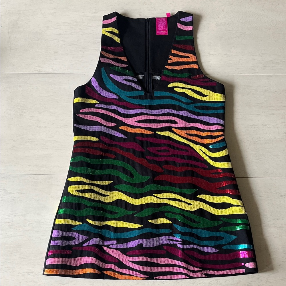 Queen of Sparkles black denim rainbow sequin tiger mini dress